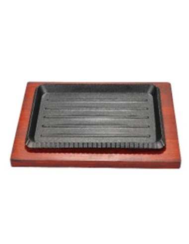 Plancha rectangular de hierro fun. con asa y base de madera 24x24x2.5 cm