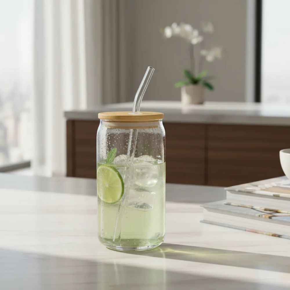 Vaso Vidrio Con Tapa de Bambú + Sorbito - Be-eme Tienda Online